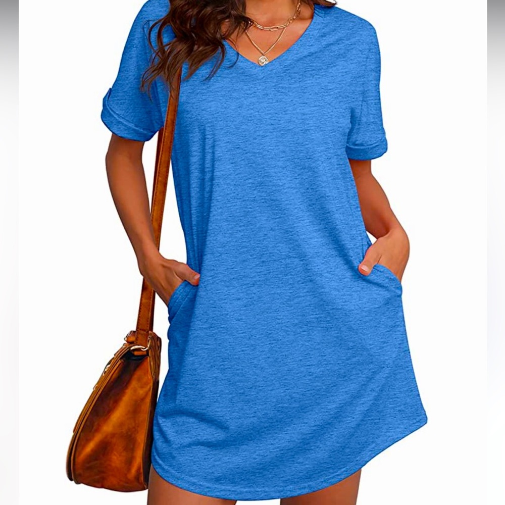 Blue Short Sleeve T Shirt dress with Pockets
